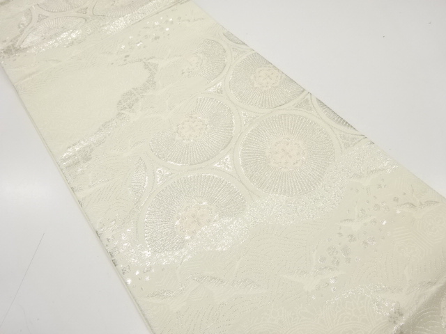 アンティーク　華紋に鶴・箔散らし模様織り出し袋帯（着用可）